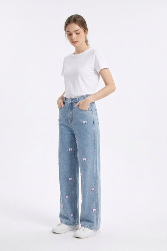 Women's High Waist Sweet Bow Pattern Wide Leg Jeans
