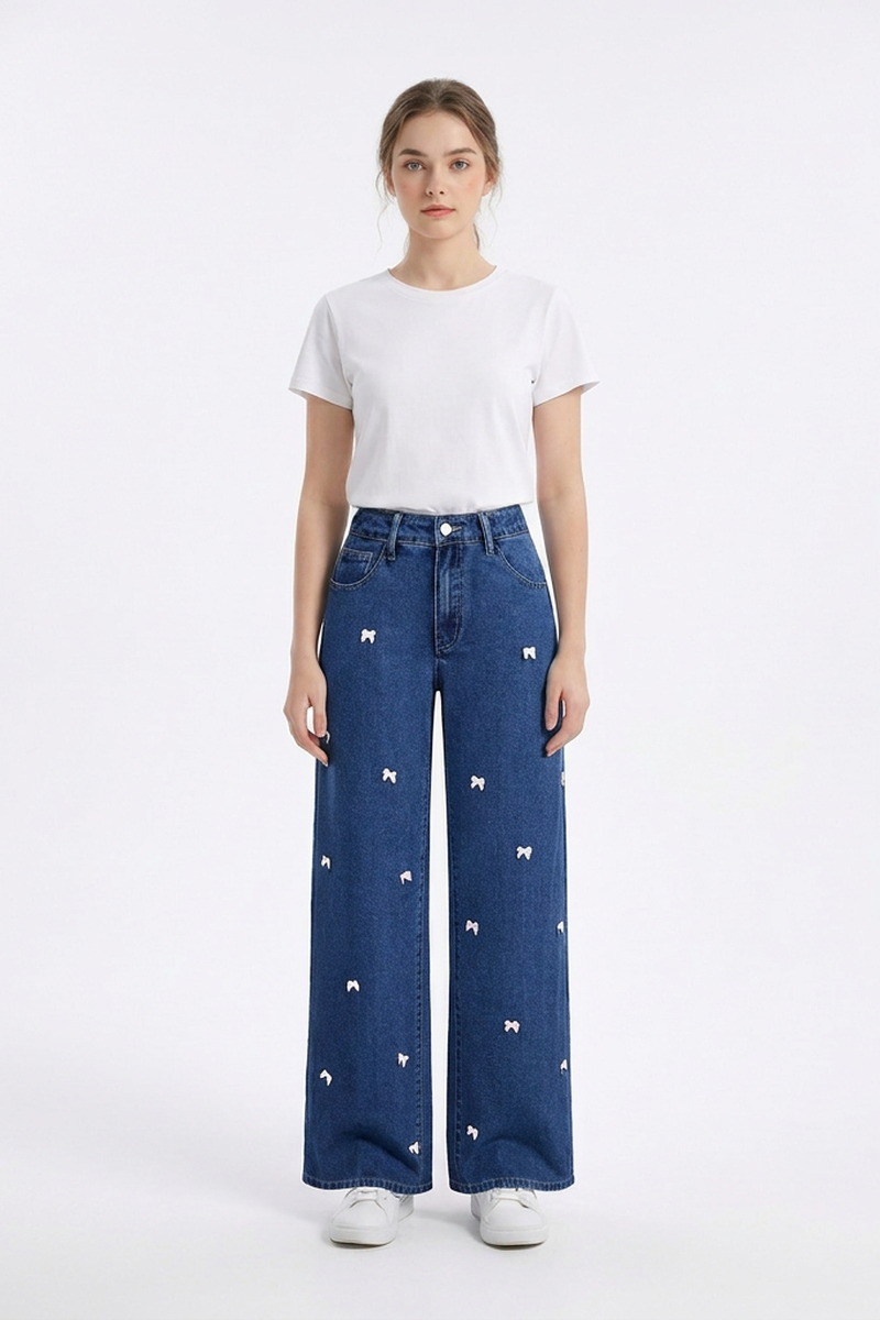 Women's High Waist Sweet Bow Pattern Wide Leg Jeans