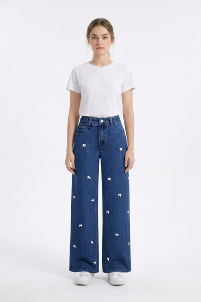 Women's High Waist Sweet Bow Pattern Wide Leg Jeans