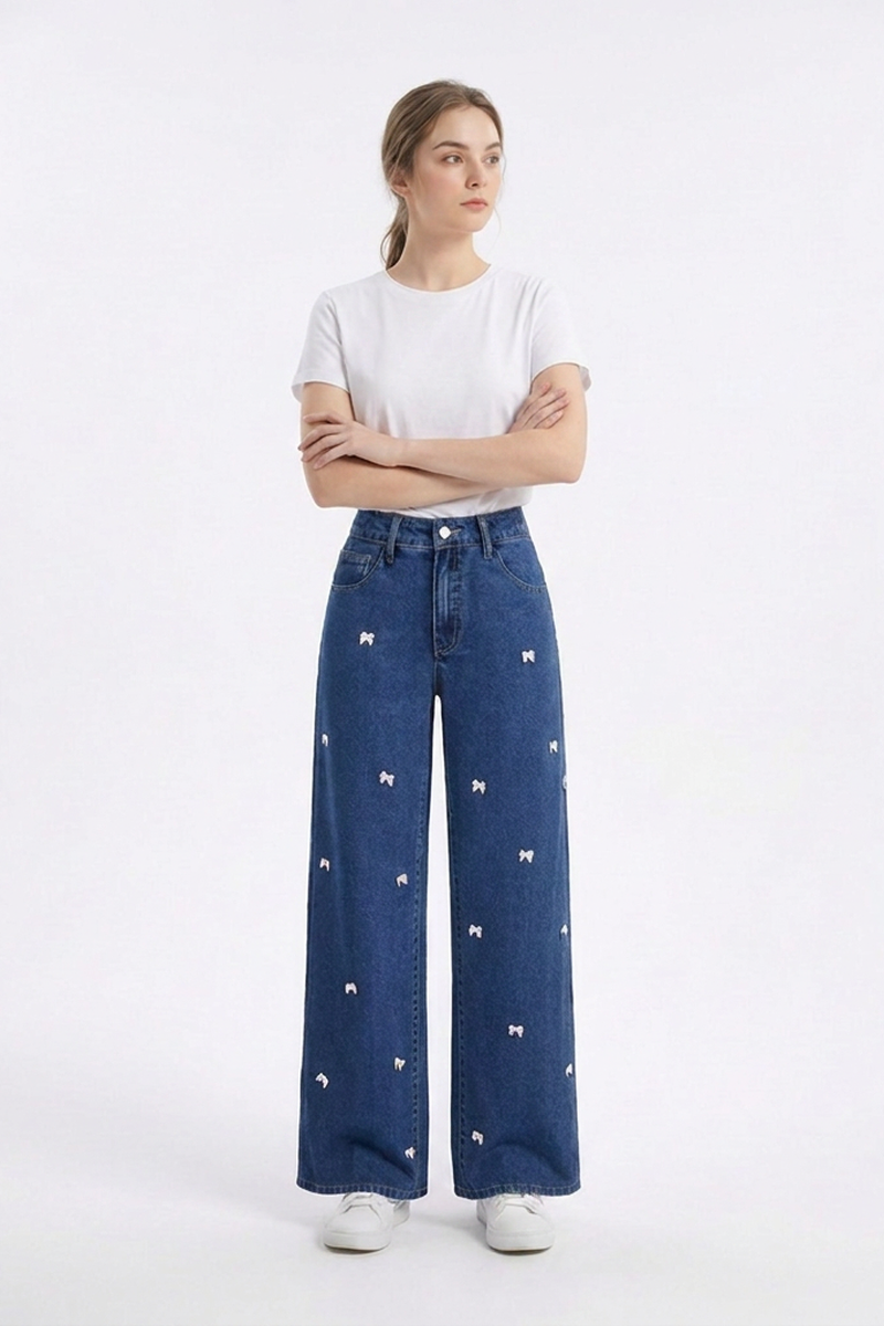 Women's High Waist Sweet Bow Pattern Wide Leg Jeans