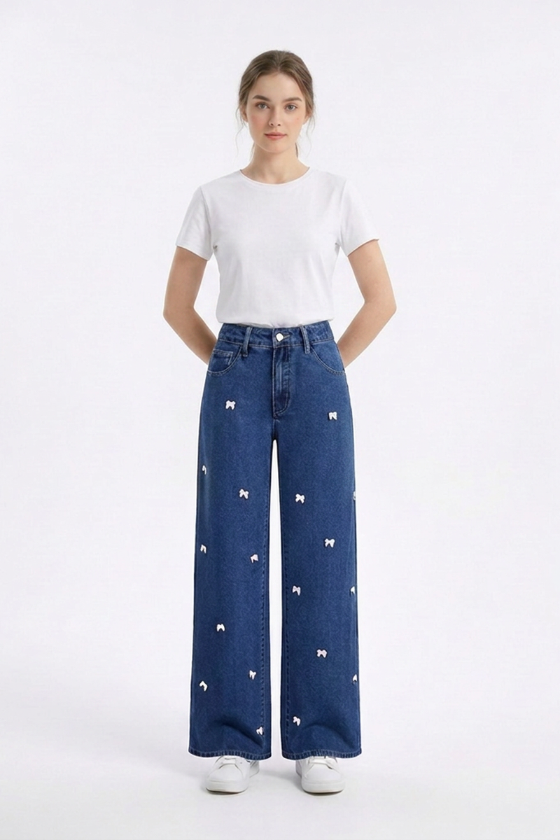 Women's High Waist Sweet Bow Pattern Wide Leg Jeans