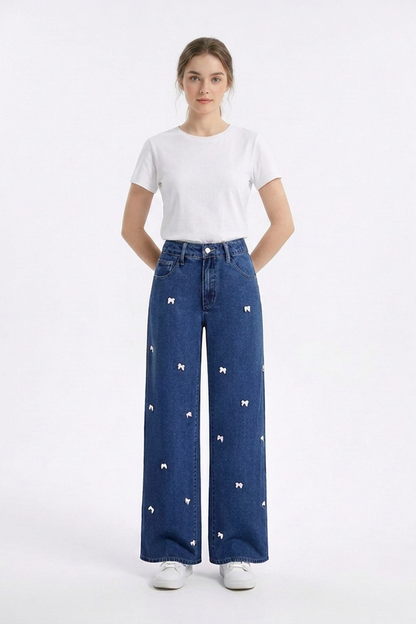 Women's High Waist Sweet Bow Pattern Wide Leg Jeans
