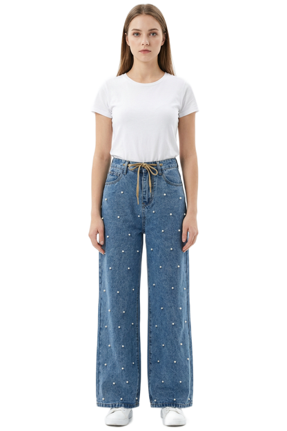 Women's High Waist Drawstring Waist Pearl Wide Leg Jeans
