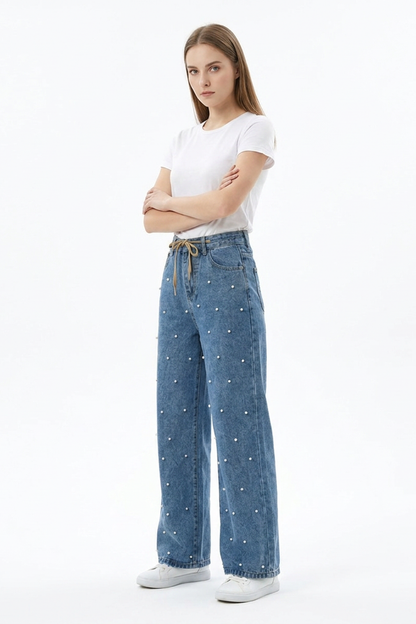 Women's High Waist Drawstring Waist Pearl Wide Leg Jeans