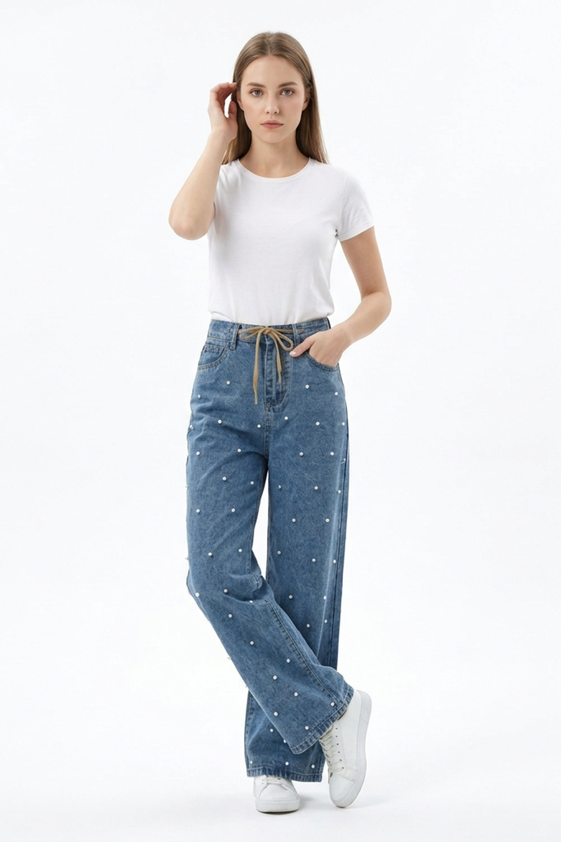 Women's High Waist Drawstring Waist Pearl Wide Leg Jeans