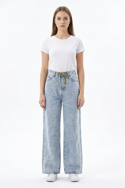 Women's High Waist Drawstring Waist Pearl Wide Leg Jeans