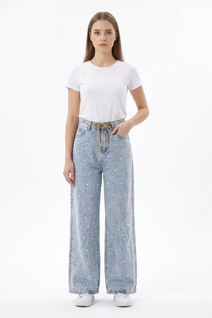Women's High Waist Drawstring Waist Pearl Wide Leg Jeans
