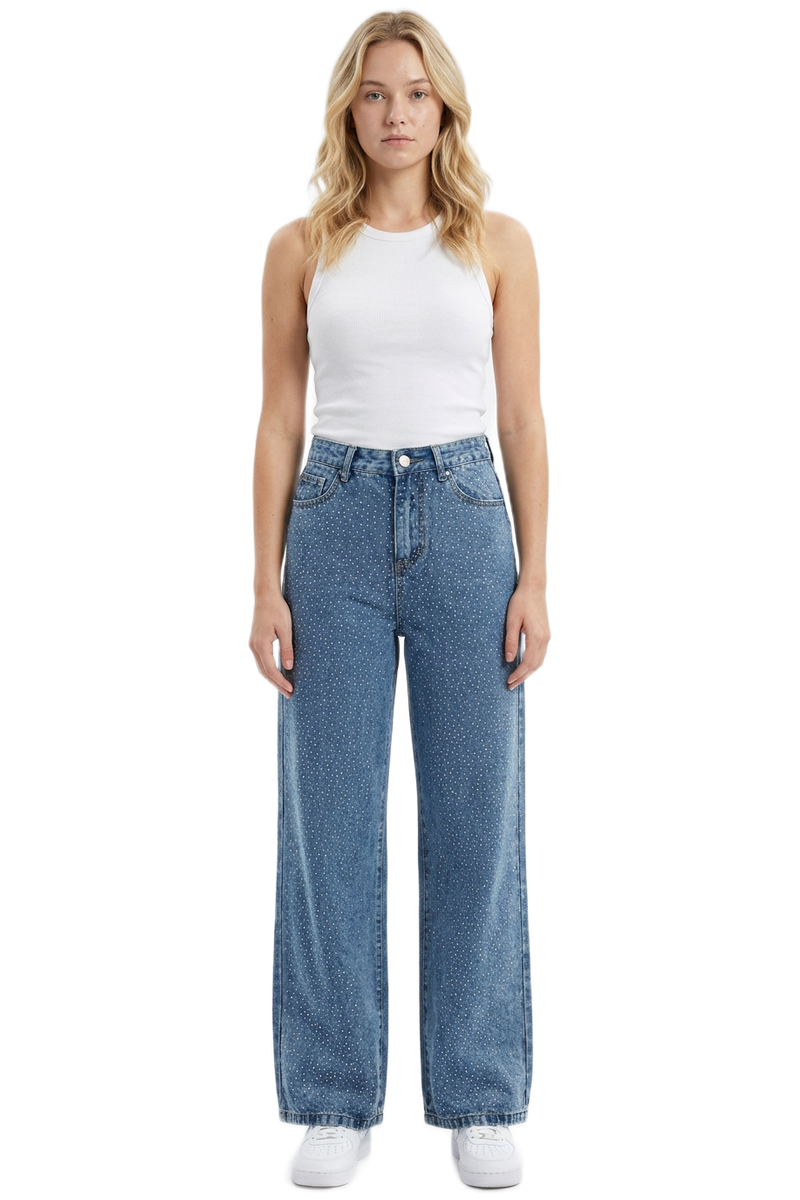 Women's High Waist Allover Rhinestone Loose Wide Leg Jeans