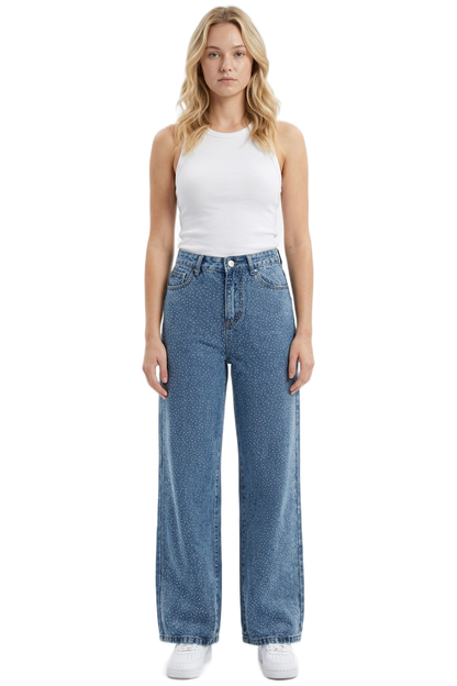 Women's High Waist Allover Rhinestone Loose Wide Leg Jeans