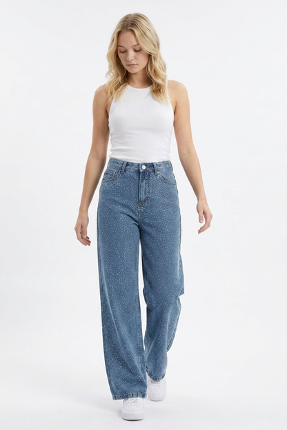 Women's High Waist Allover Rhinestone Loose Wide Leg Jeans