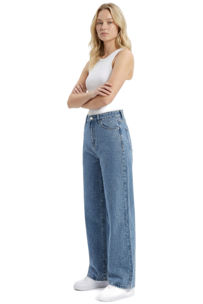 Women's High Waist Allover Rhinestone Loose Wide Leg Jeans
