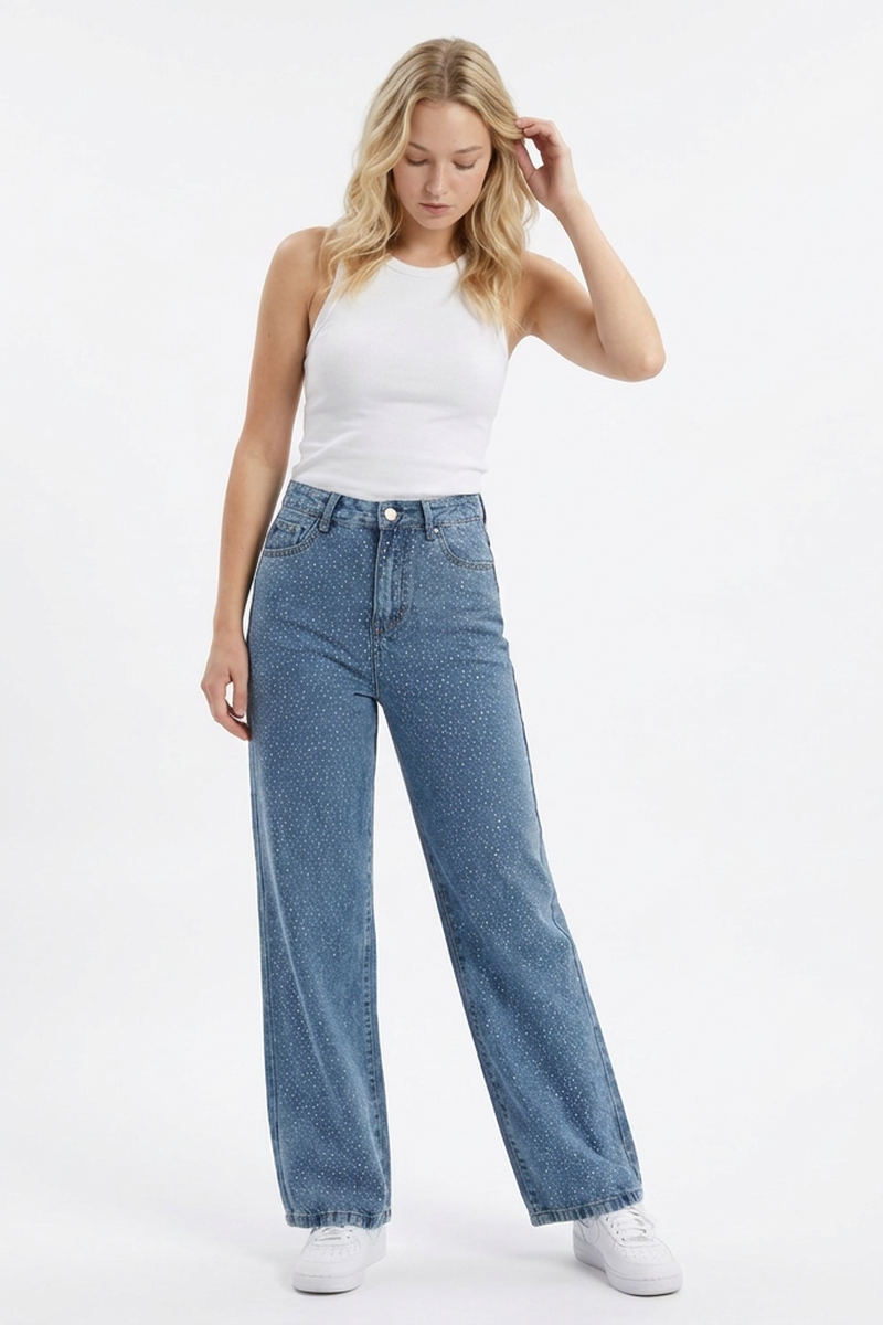 Women's High Waist Allover Rhinestone Loose Wide Leg Jeans