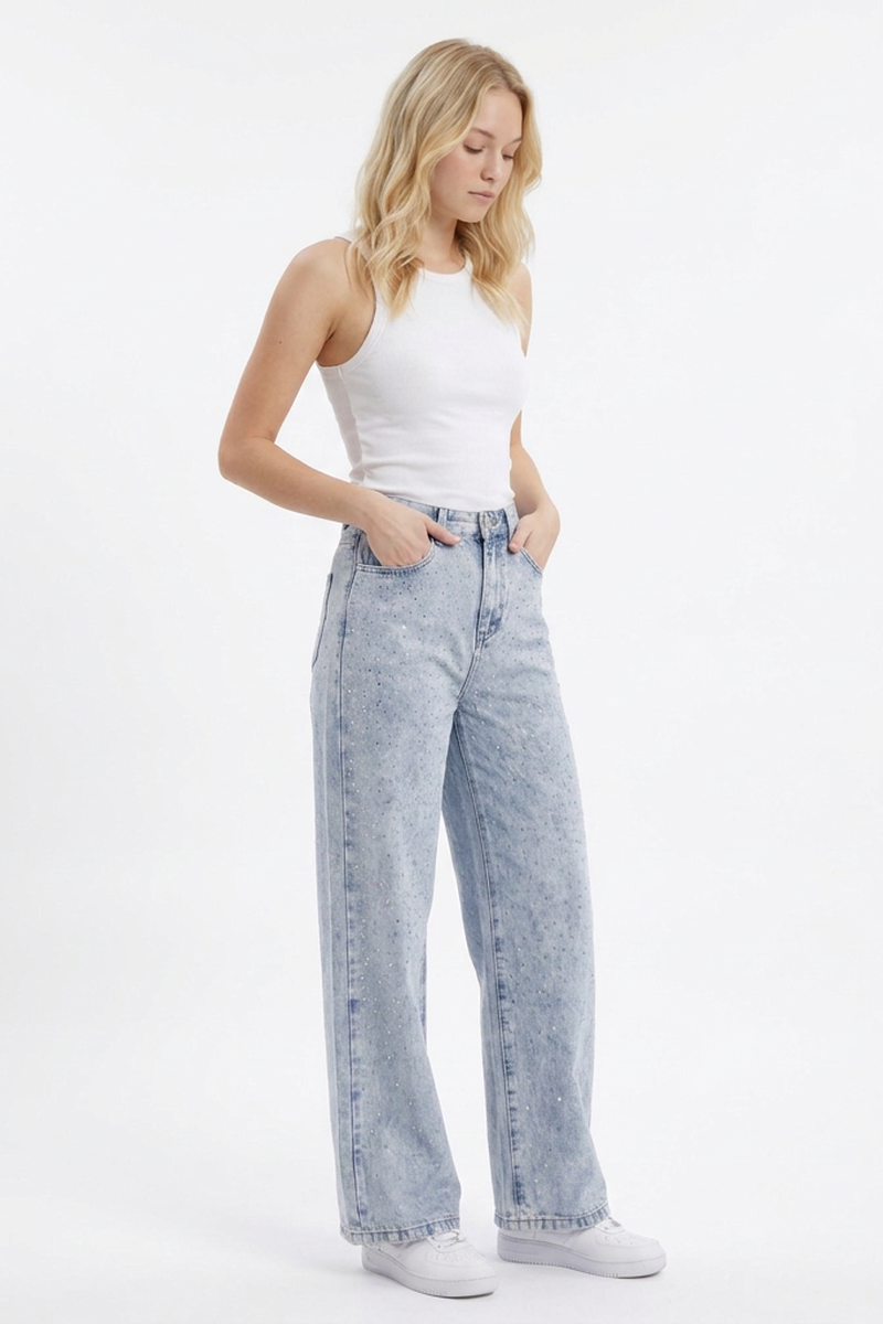 Women's High Waist Allover Rhinestone Loose Wide Leg Jeans