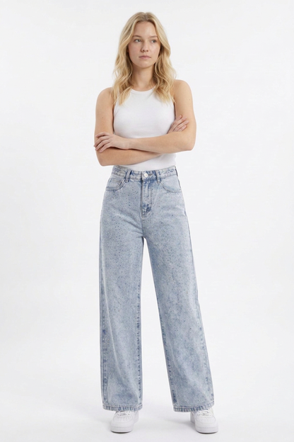 Women's High Waist Allover Rhinestone Loose Wide Leg Jeans