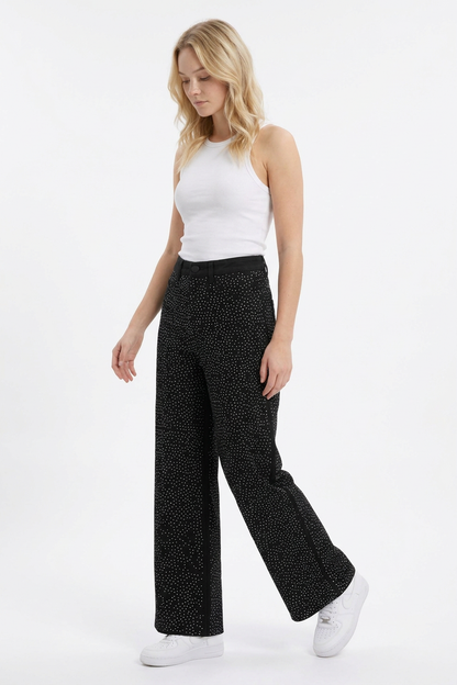 Women's High Waist Allover Rhinestone Loose Wide Leg Jeans