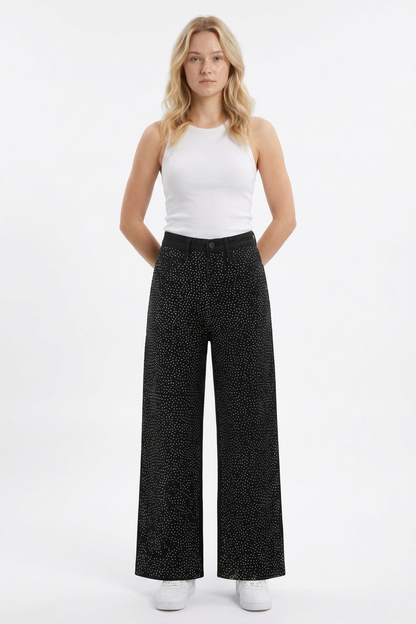 Women's High Waist Allover Rhinestone Loose Wide Leg Jeans