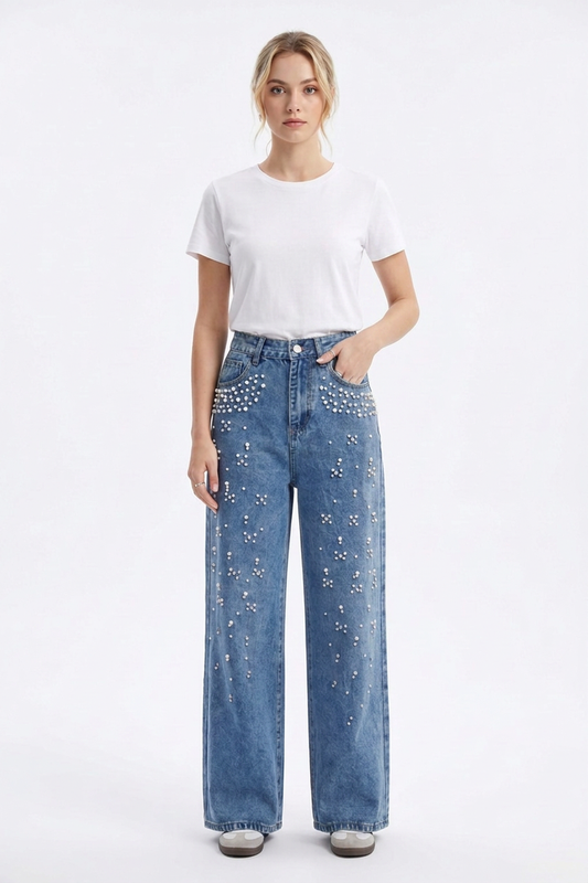 Women's High Waist Pearl Trim Wide Leg Jeans
