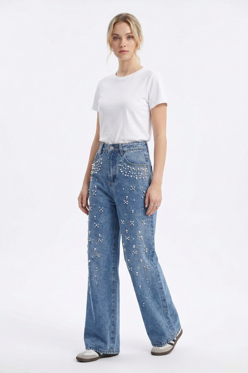 Women's High Waist Pearl Trim Wide Leg Jeans