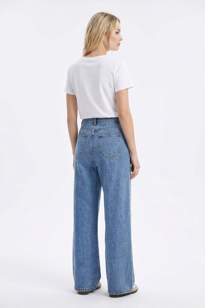 Women's High Waist Pearl Trim Wide Leg Jeans