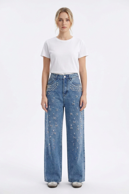 Women's High Waist Pearl Trim Wide Leg Jeans