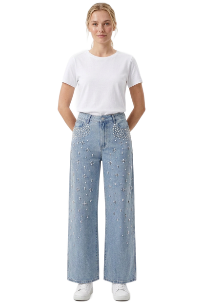 Women's High Waist Pearl Trim Wide Leg Jeans