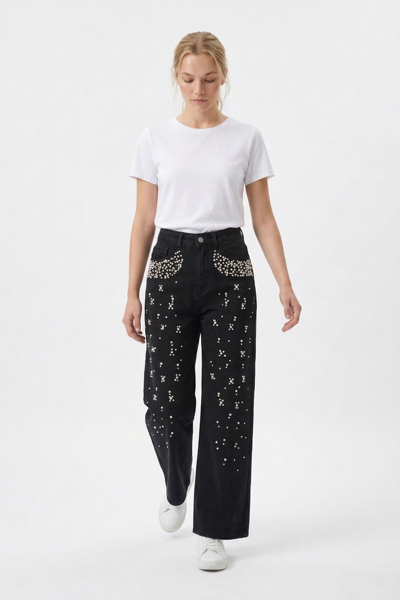 Women's High Waist Pearl Trim Wide Leg Jeans