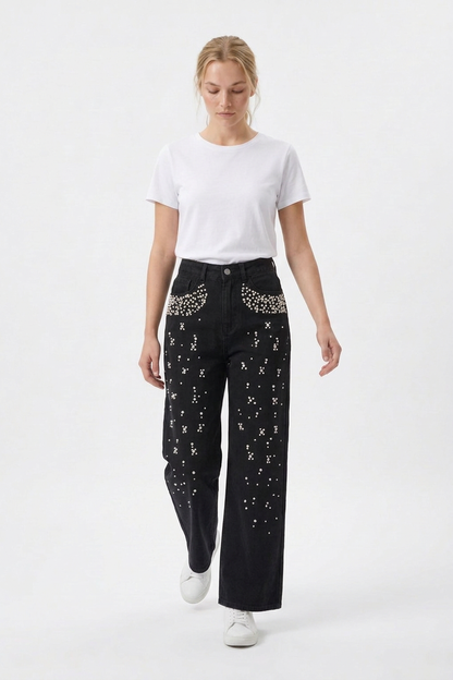 Women's High Waist Pearl Trim Wide Leg Jeans