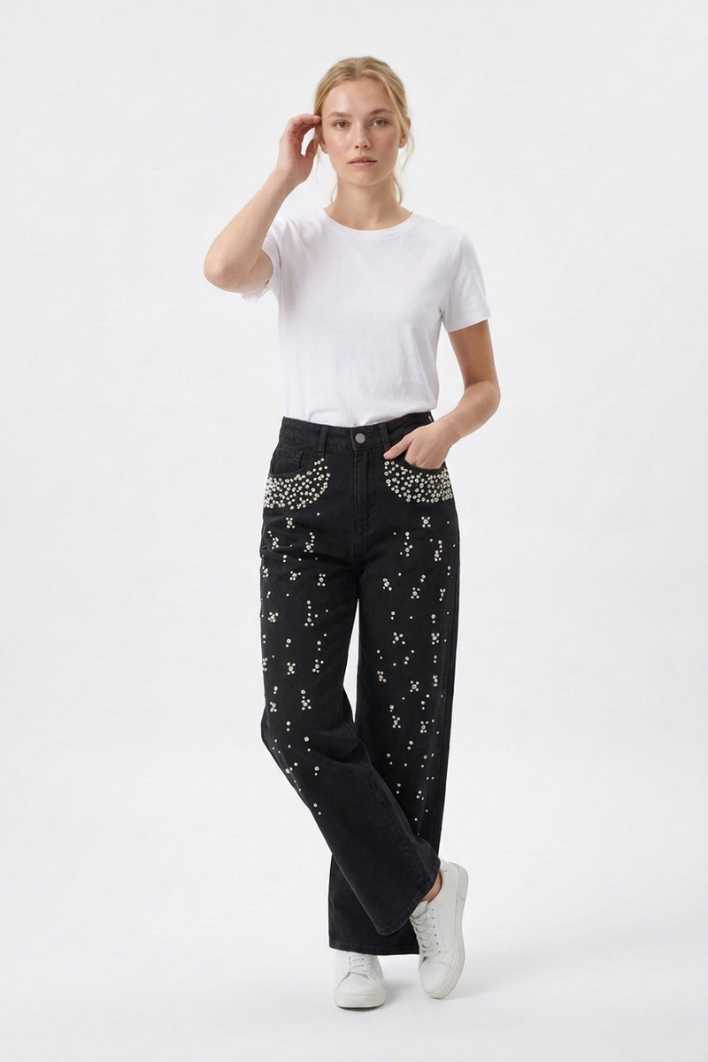 Women's High Waist Pearl Trim Wide Leg Jeans