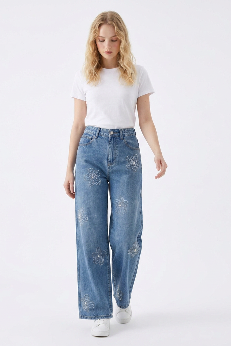 Women's High Waist Rhinestone Flower Wide Leg Jeans