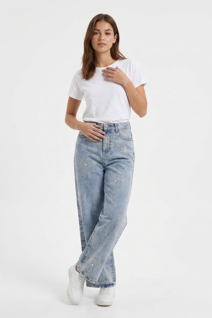 Women's High Waist Rhinestone Flower Wide Leg Jeans