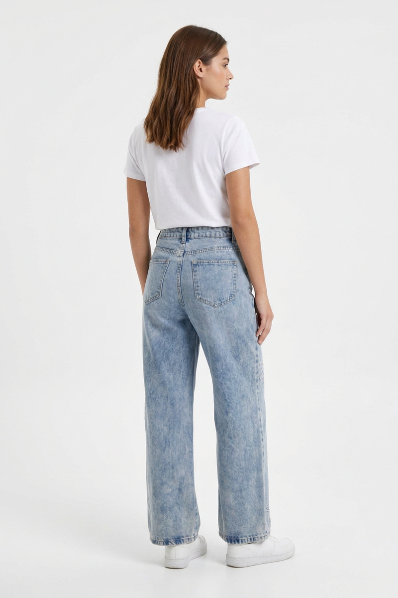 Women's High Waist Rhinestone Flower Wide Leg Jeans