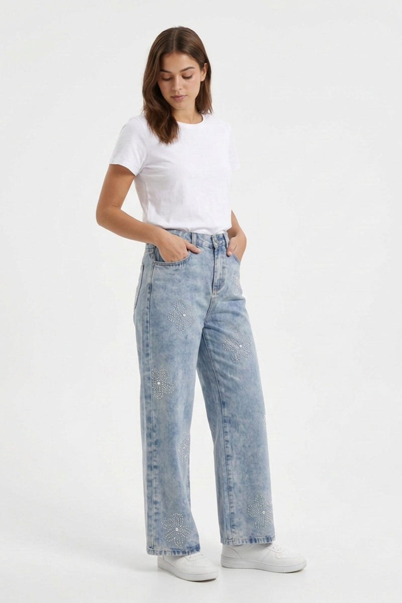 Women's High Waist Rhinestone Flower Wide Leg Jeans