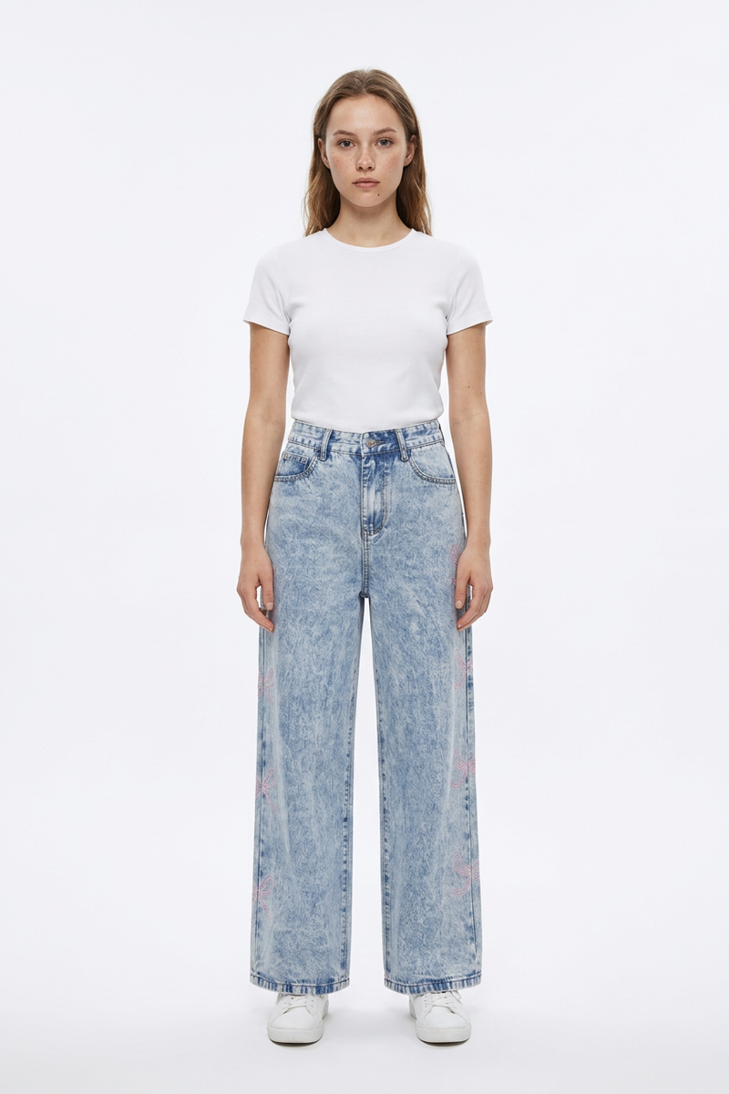 Women's High Waist Vintage Side Bow Wide Leg Jeans