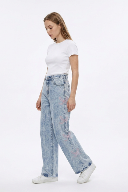Women's High Waist Vintage Side Bow Wide Leg Jeans