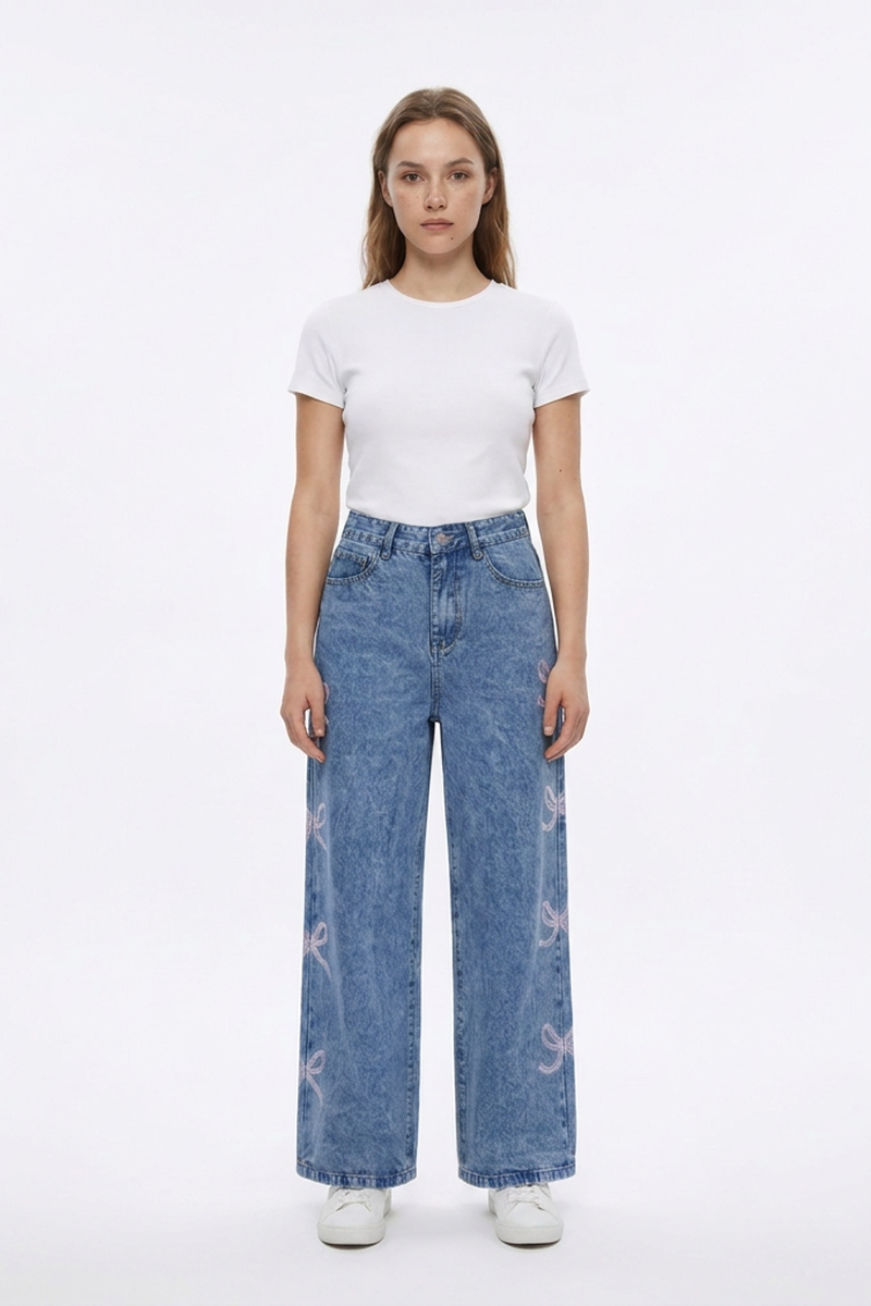 Women's High Waist Vintage Side Bow Wide Leg Jeans