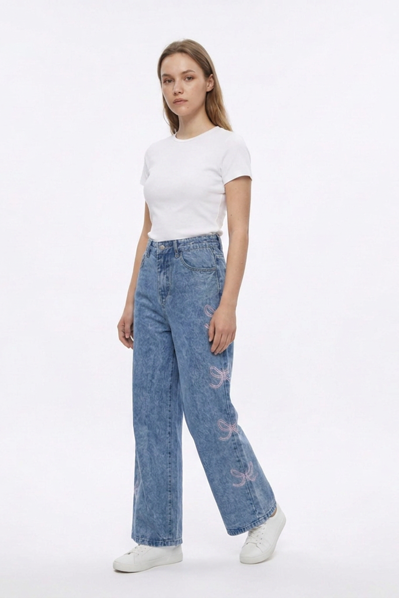 Women's High Waist Vintage Side Bow Wide Leg Jeans