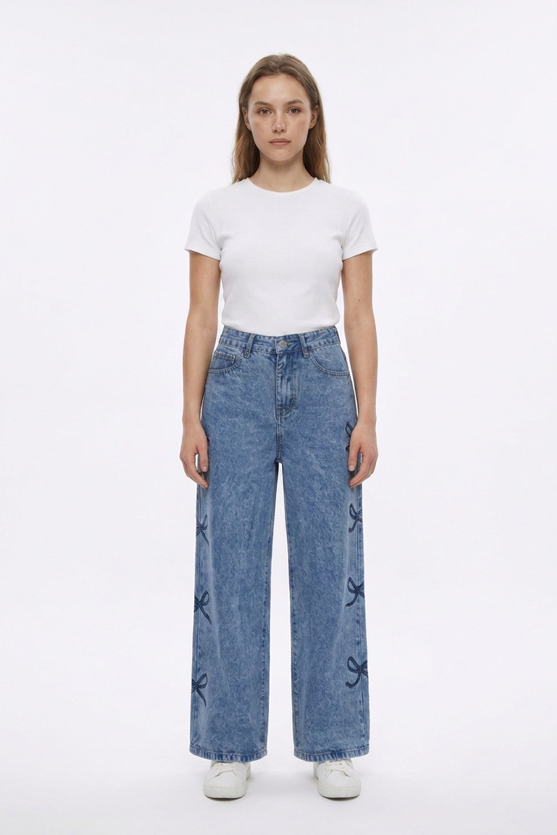 Women's High Waist Vintage Side Bow Wide Leg Jeans