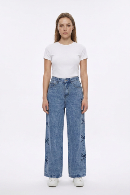 Women's High Waist Vintage Side Bow Wide Leg Jeans