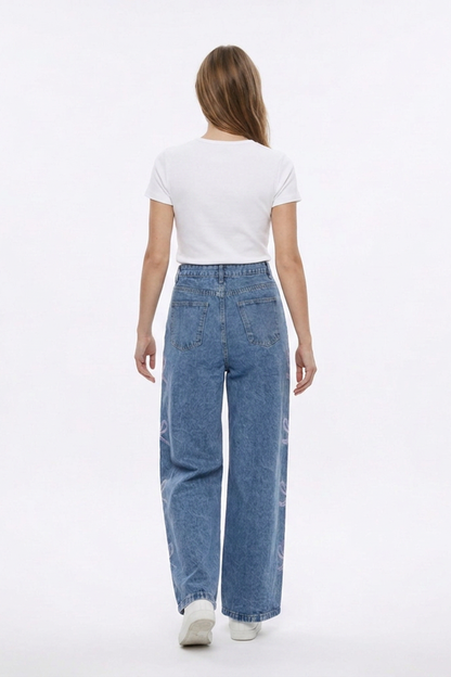 Women's High Waist Vintage Side Bow Wide Leg Jeans