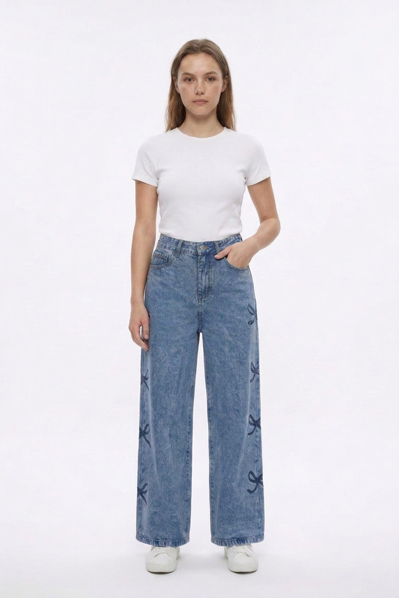 Women's High Waist Vintage Side Bow Wide Leg Jeans