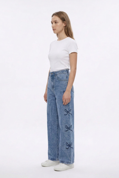 Women's High Waist Vintage Side Bow Wide Leg Jeans