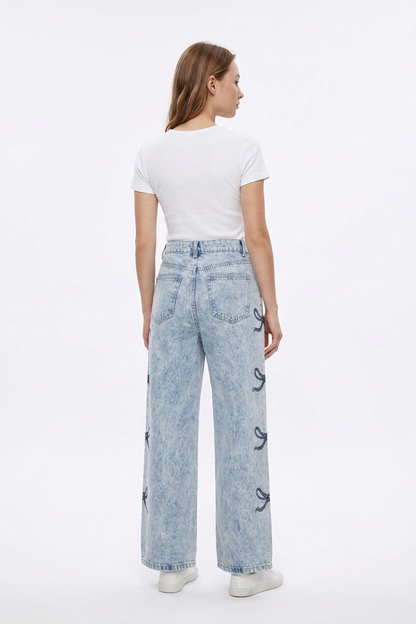 Women's High Waist Vintage Side Bow Wide Leg Jeans