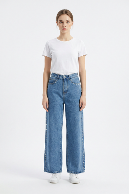 Women's High Waist Pearl Studded Side Seam Wide Leg Jeans