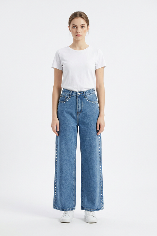 Women's High Waist Pearl Studded Side Seam Wide Leg Jeans