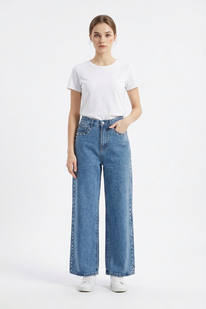 Women's High Waist Pearl Studded Side Seam Wide Leg Jeans
