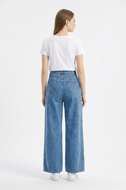 Women's High Waist Pearl Studded Side Seam Wide Leg Jeans
