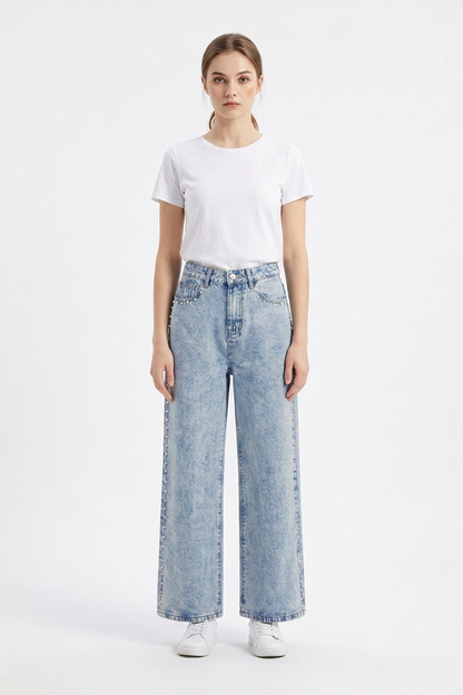 Women's High Waist Pearl Studded Side Seam Wide Leg Jeans