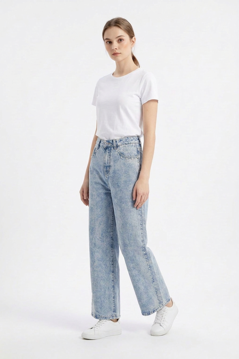 Women's High Waist Pearl Studded Side Seam Wide Leg Jeans