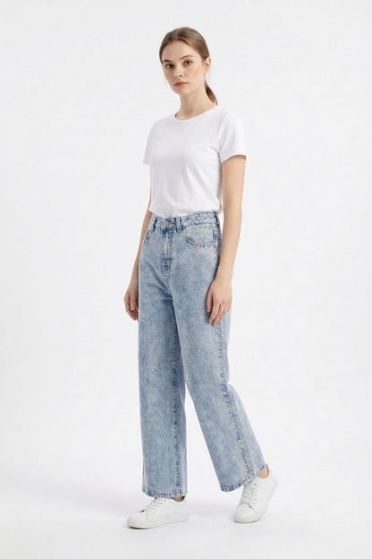 Women's High Waist Pearl Studded Side Seam Wide Leg Jeans