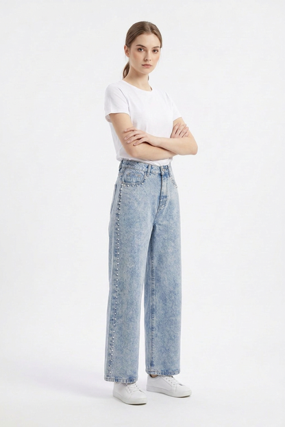 Women's High Waist Pearl Studded Side Seam Wide Leg Jeans
